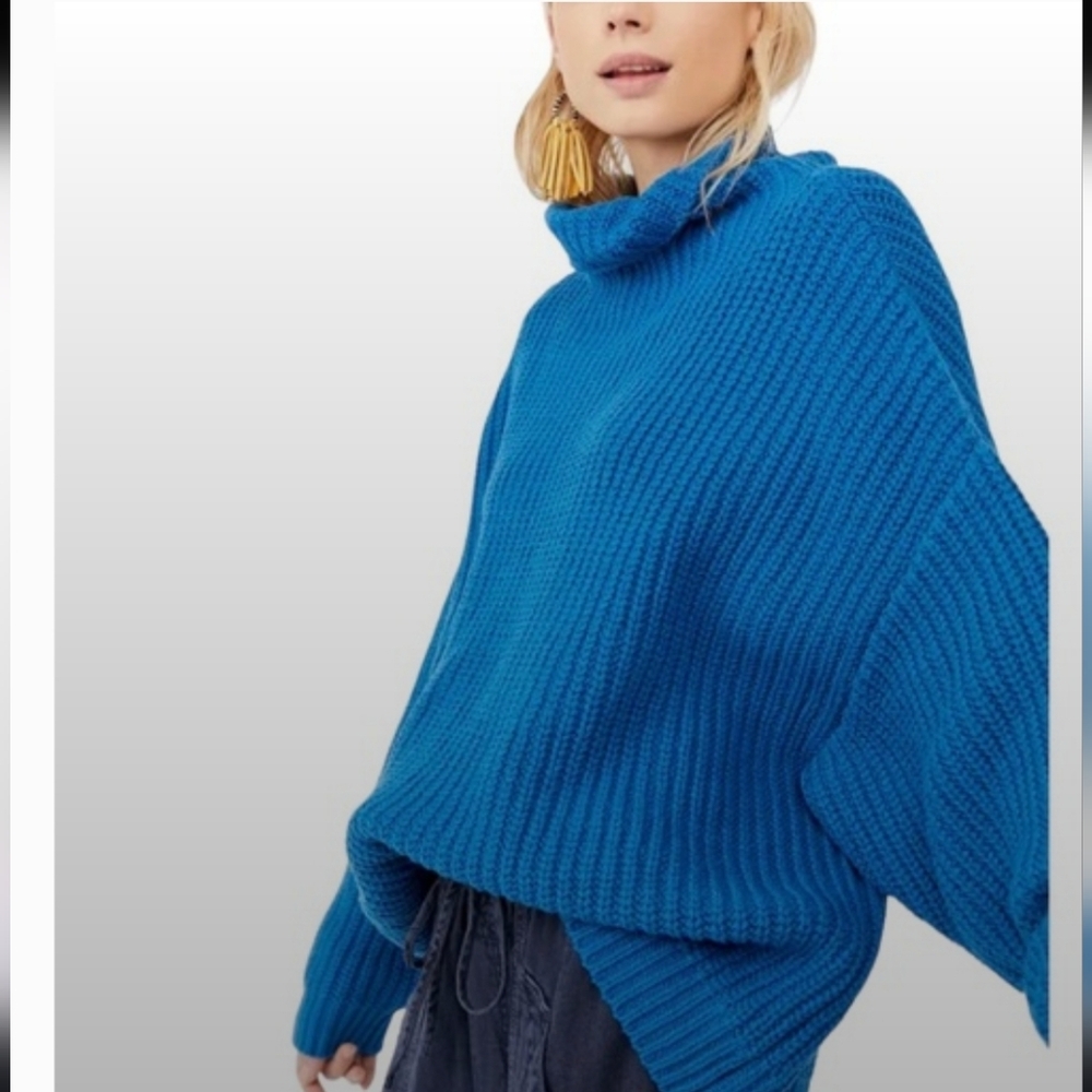 Free People Swim Too Deep Sweater Medium Mykonos Blue Knit Turtleneck Oversized
